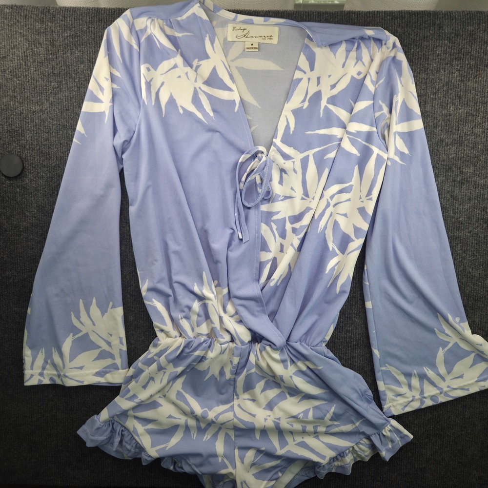 "Vintage Havana" Romper Womens Size M Blue White Palm Print Bell Sleeve